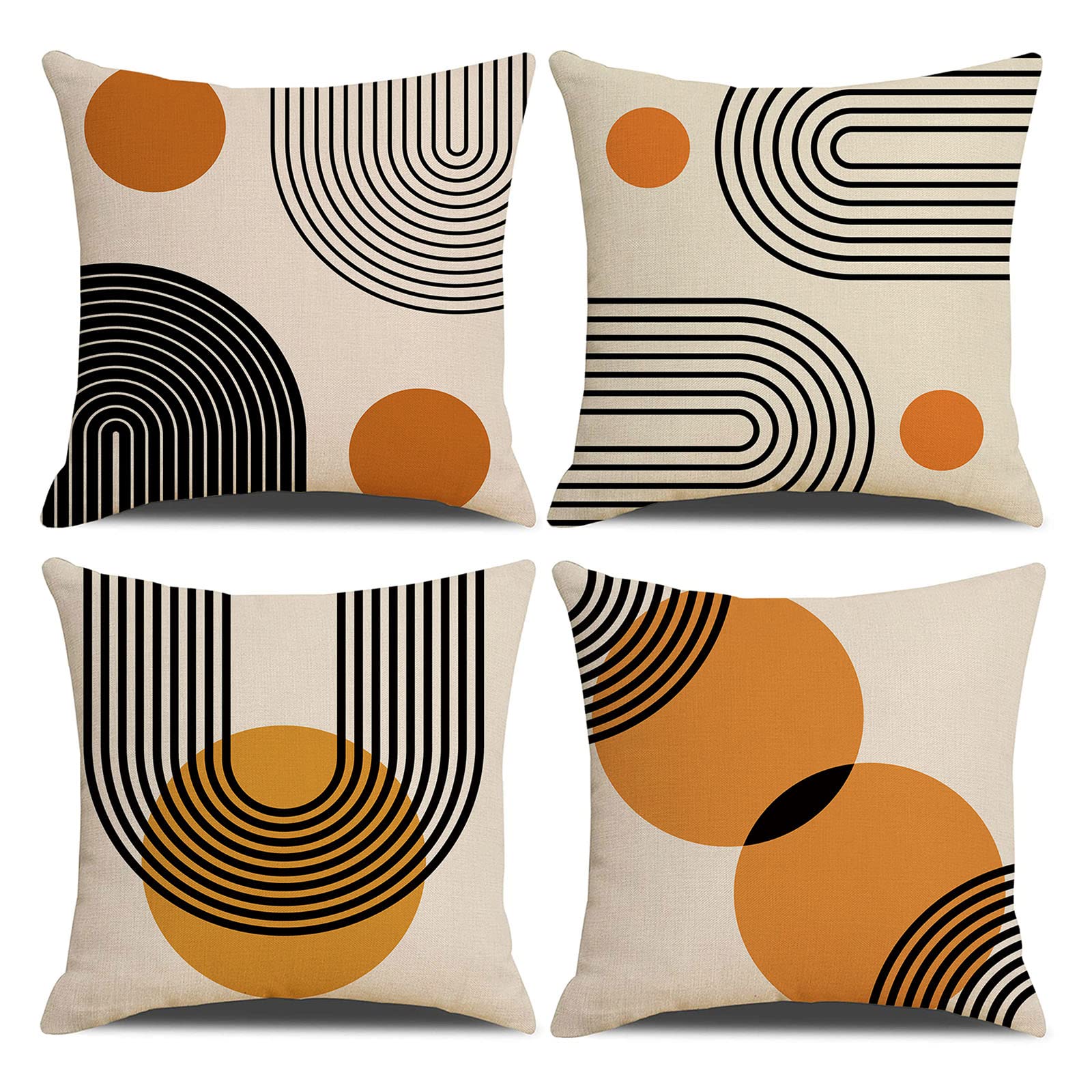 IcosaMro Boho Pillow Covers 18x18 Set of 4, Mid Century Modern Arch Sun Decor Cotton Linen Throw Pillow Cover Decorative Boho Cushion Cover with Zipper, Black and Orange