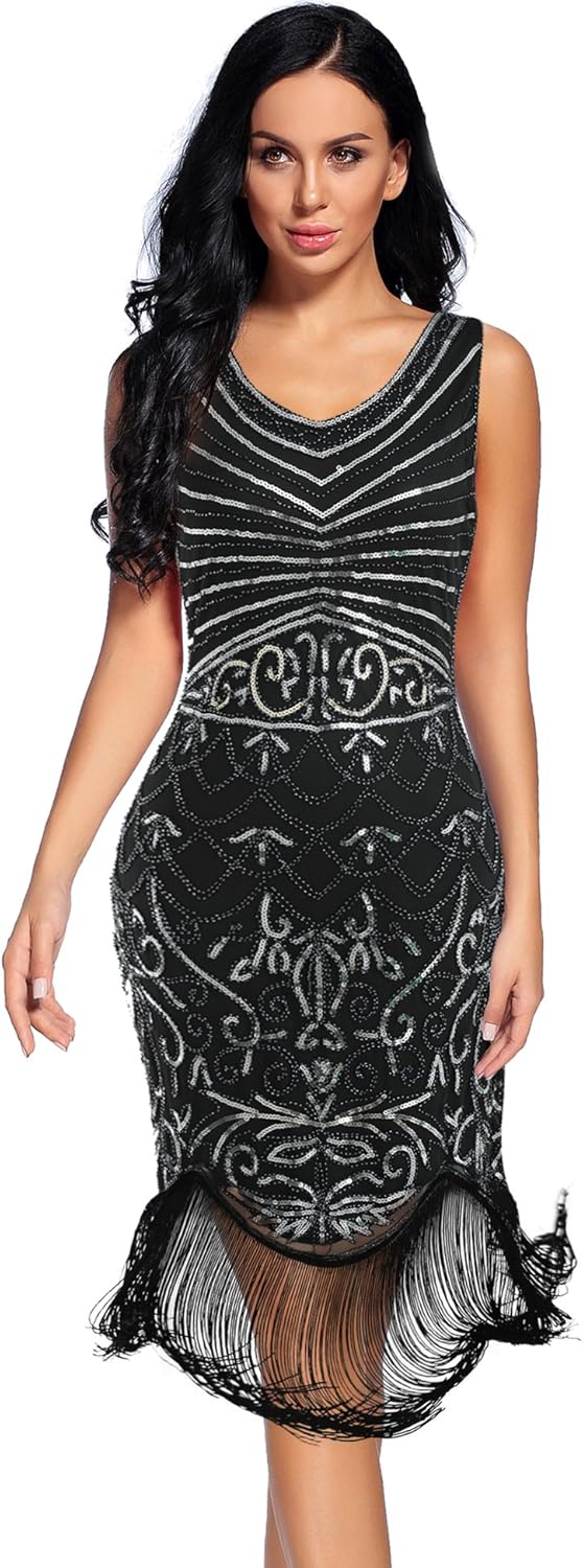 Women's 1920s Sequin Art Deco Flapper Dresses Great Gatsby Prom Cocktail Dress