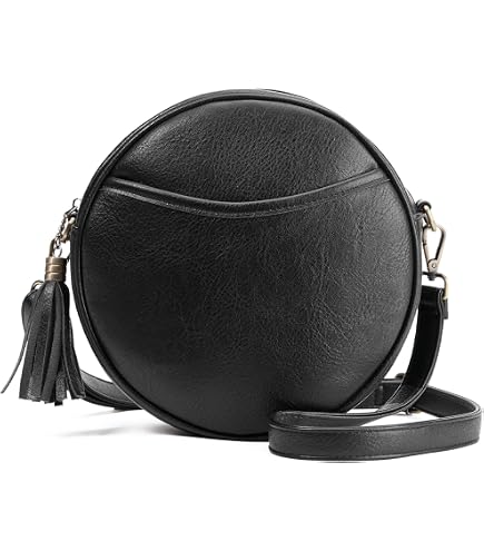 Vulkitty Round Crossbody Bag for Women PU Leather Circle Tassel