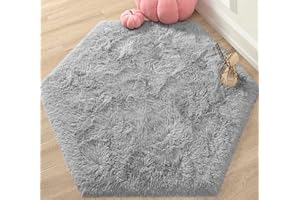 KIXINWA Grey Hexagon Rug, 4.6X4 Feet Fluffy Area Rug for Kids Room Bedroom Living Room Home Decor, Super Soft Cute Non Slip Rug, Shaggy Plush Nursery Carpet