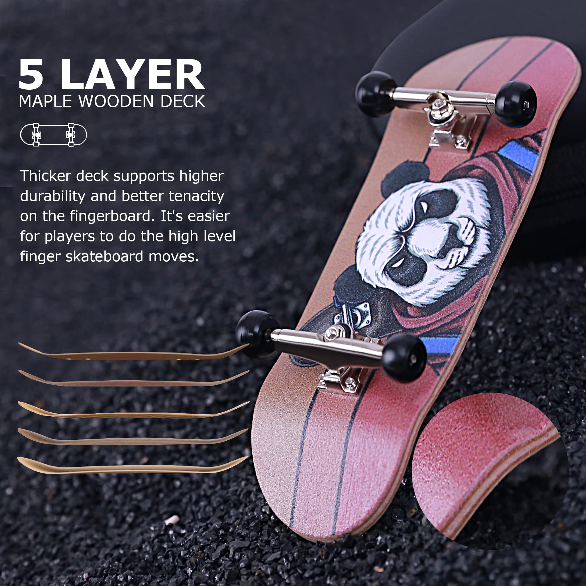 Professional Complete Wooden Fingerboard 32/34mm 5-Ply Maple Finger Skateboard with Upgraded Components (SK-Panda)