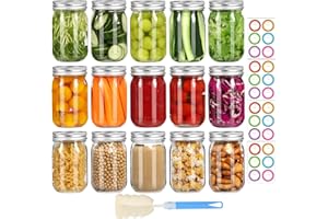 Mcupper Mason Jars 16 oz with Lids and Bands, 15 Pack Regular Mouth Canning Jars, Clear Glass Jars for Canning, Food Storage and Fermenting, Labels & Brusher Included - Microwave & Dishwasher Safe