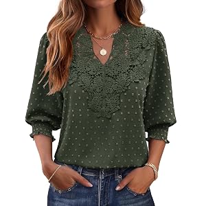 AKEWEI Womens 3/4 Sleeve Tops V Neck Linen Shirts Loose Fit Chiffon Blouses Flowy Lace Swiss Dot Boho 2026