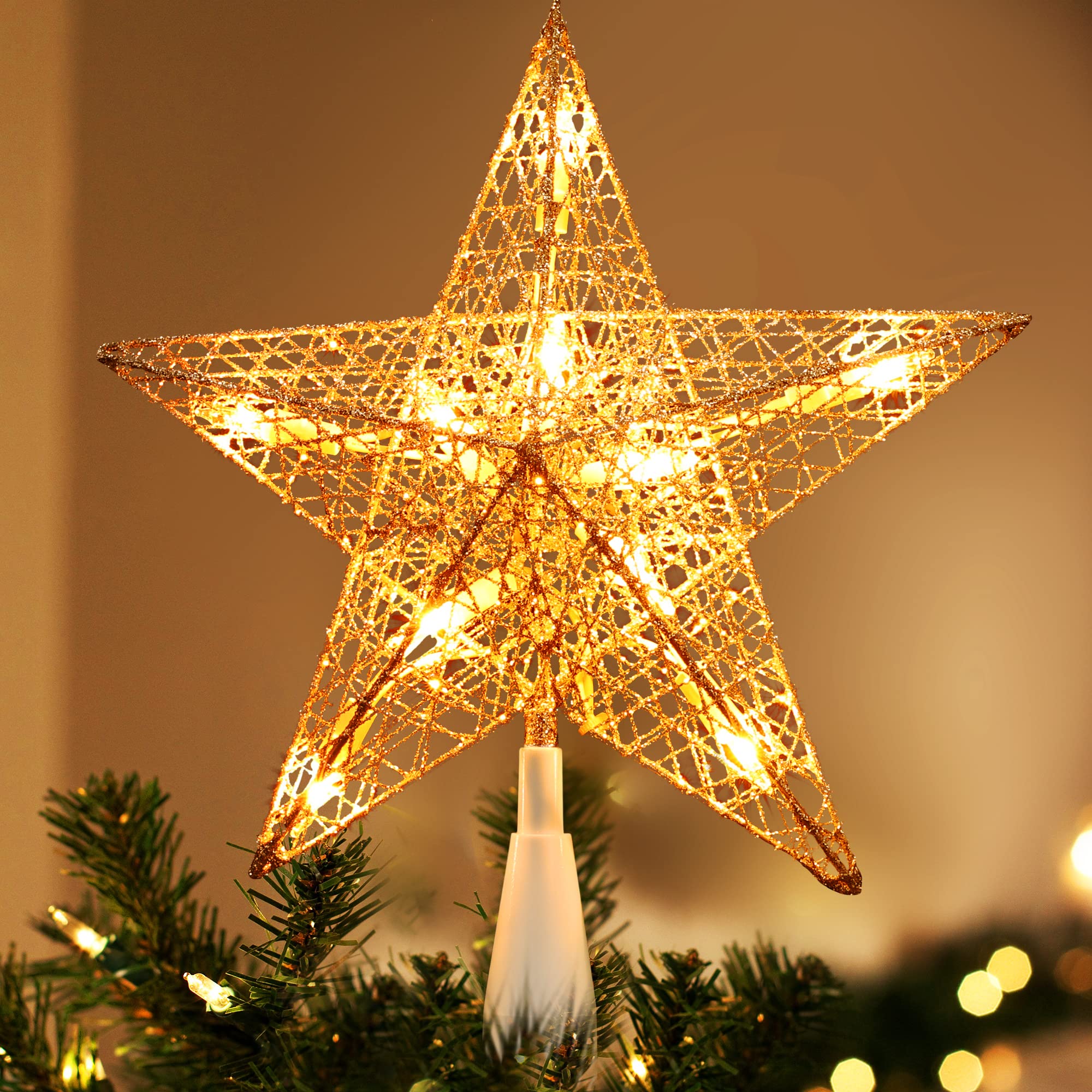 Photo 1 of **SELLING FOR PARTS **Brizled Gold Christmas Tree Topper, 9“ Hollow-Out Star Tree Topper with 10 Warm White Lights, Pre-lit 5 Point Star Treetop, 120V UL Listed Lighted Treetop for Christmas Tree Home Decoration