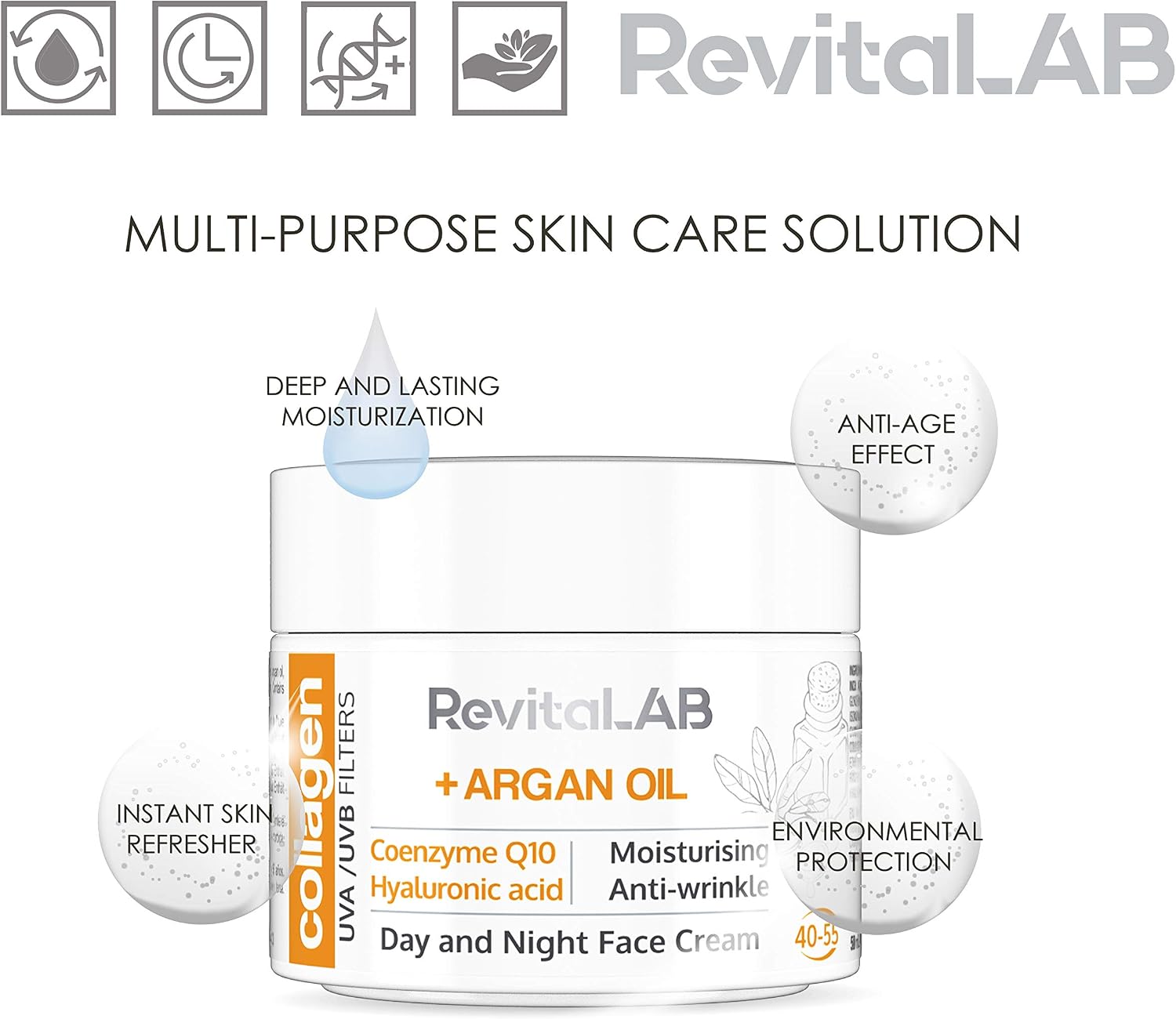 RevitaLAB Day and Night Collagen Anti-Ageing Moisturiser, Enriched with Hyaluronic Acid, Q10, Argan Oil and a UVA/UVB Filter - Image 4