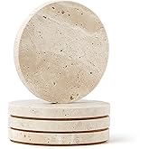 WORHE Natural Travertine Marble Coasters Set of 4-4" Round Stone Drink Coasters, Non-Slip Cork Backing, Housewarming Gift, Wedding, Protect Tables from Stains & Scratches (BD140)
