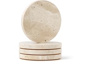 WORHE Natural Travertine Marble Coasters Set of 4-4" Round Stone Drink Coasters, Non-Slip Cork Backing, Housewarming Gift, Wedding, Protect Tables from Stains & Scratches (BD140)