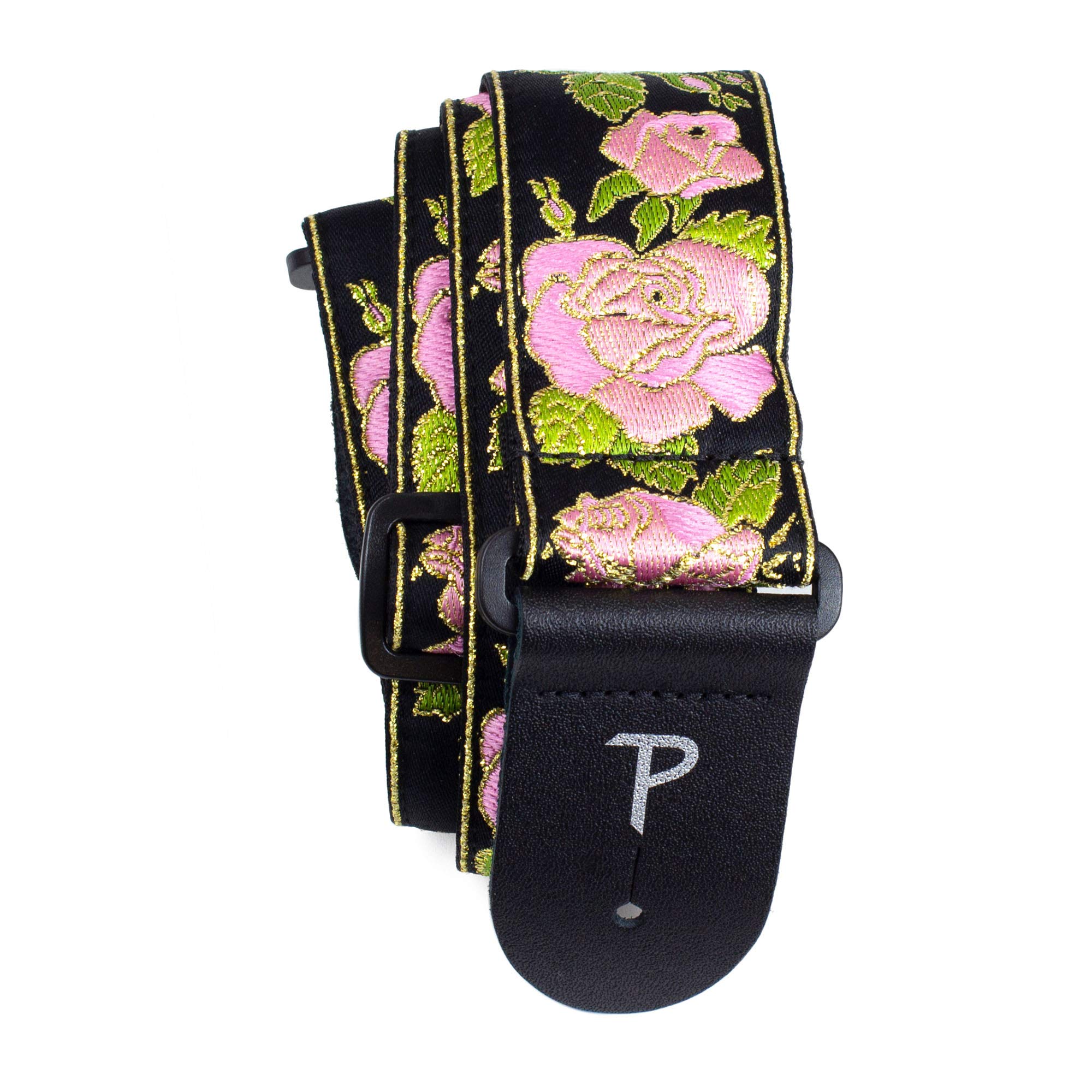 Perri’s Leathers Ltd. - Guitar Strap - Nylon - Jacquard - Pink Metallic Rose - Black - Adjustable - For Acoustic/Bass/Electric Guitars - Made in Canada (TWS-7250)