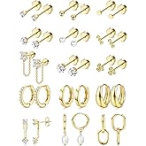 LOLIAS Flat Back Earrings for Women Hypoallergenic Surgical Steel Earrings for Sensitive Ears-20G Cartilage Earring Stacks 14K Gold Plated Hoops Flatback Stud Earring Sets for Multiple Piercing
