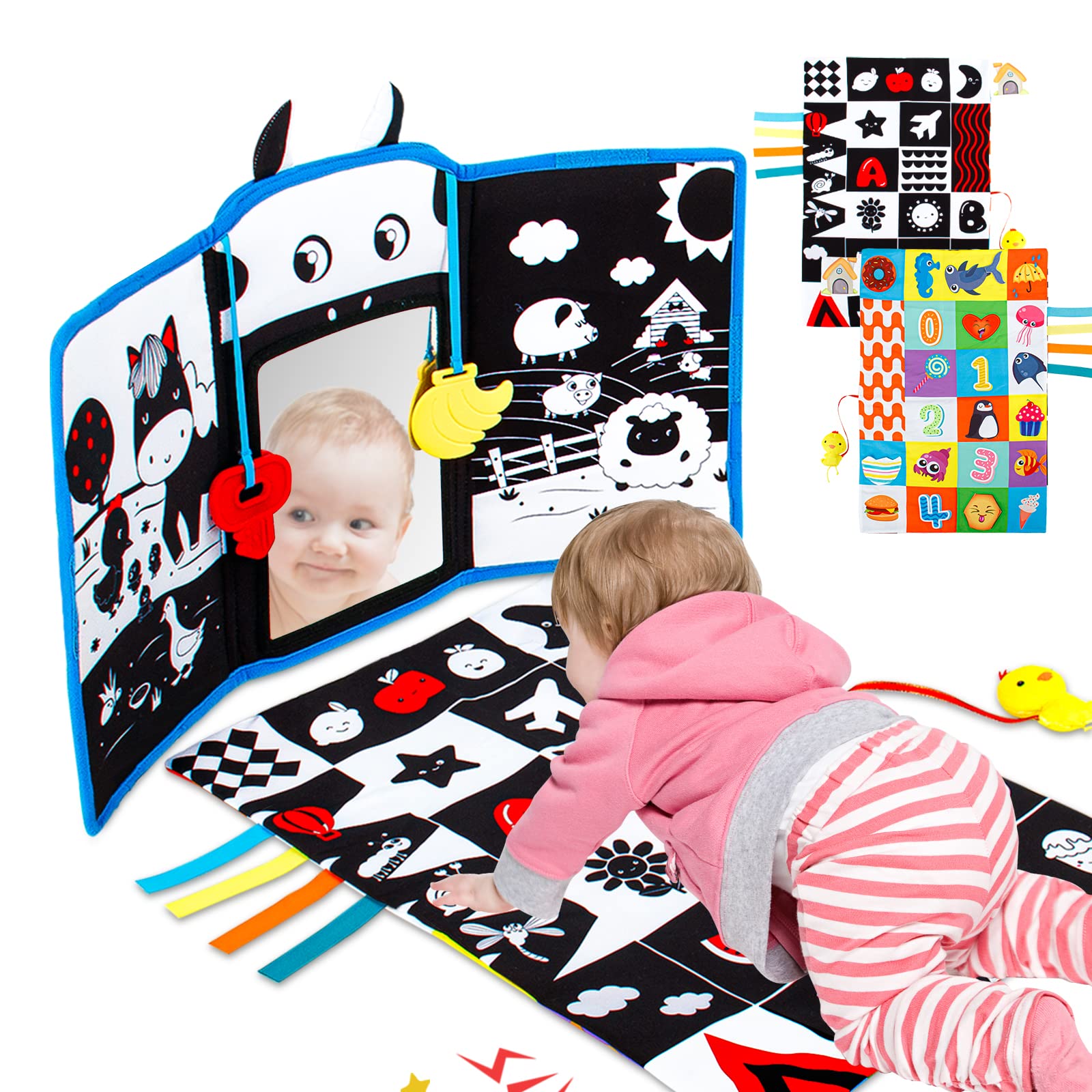 teytoy teytoy Tummy Time Mirror Infant Toys Newborn Toys 0-3 Months Black and White High Contrast Pattern, Tummy Time Mat with Crinkle Paper, Baby Teether for 4 6 9 12 Month Crinkle Sensory Development Toys