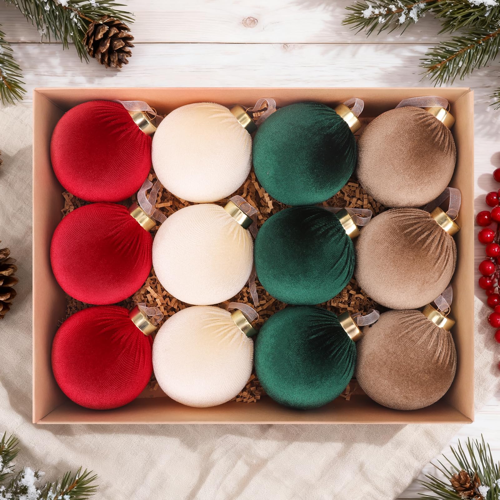 Photo 1 of 12 Pcs Christmas Tree Ornaments Set, 80mm/3.15in Large Velvet Christmas Balls for Xmas Tree Decorations Shatterproof Hanging Flocked Balls Ornaments Red, White, Green, Coffee