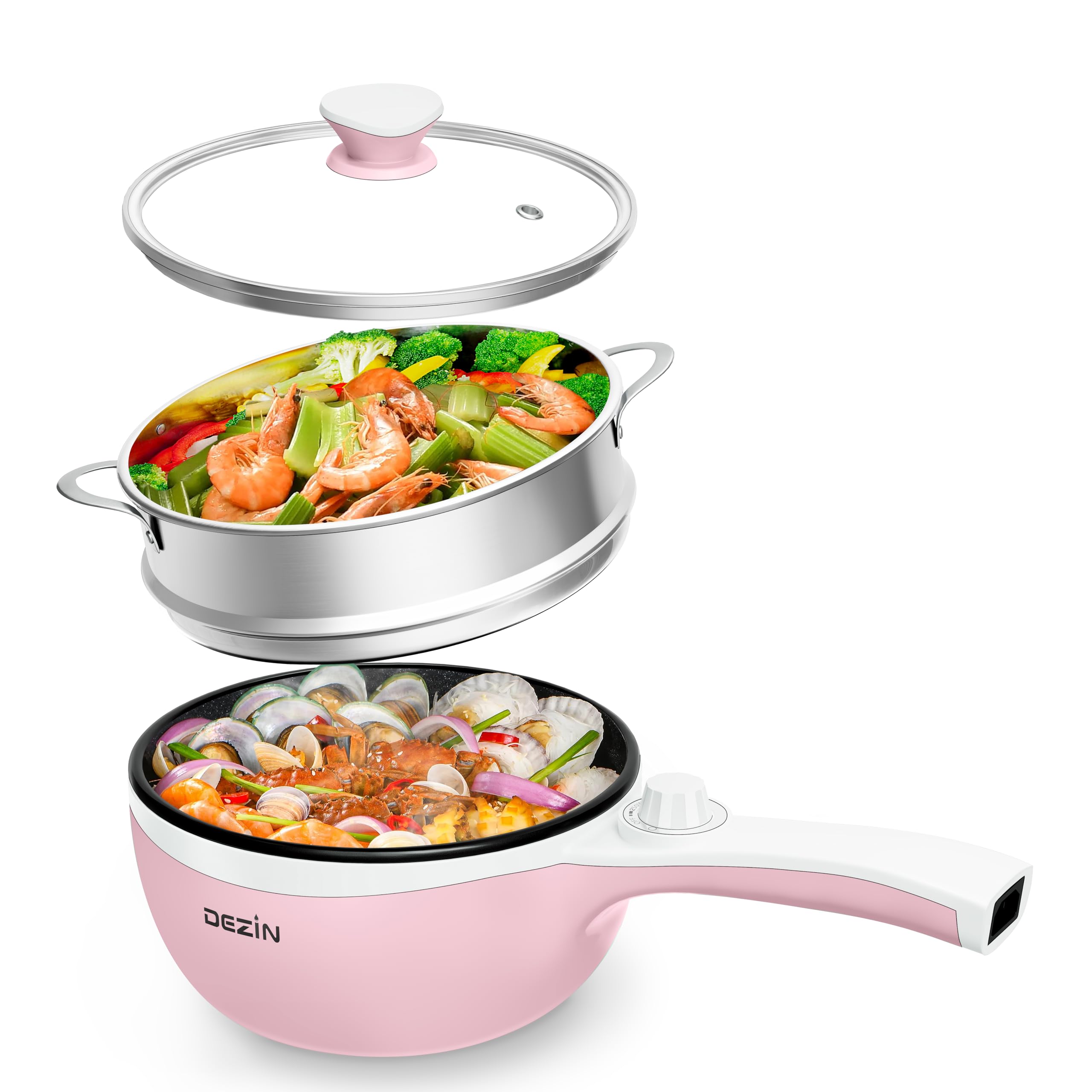 Photo 1 of Dezin Hot Pot Electric with Steamer Upgraded, Non-Stick Sauté Pan, Rapid Noodles Electric Pot, 1.5L Mini Pot for Steak, Egg, Fried Rice, Ramen, Oatmeal, Soup with Power Adjustment