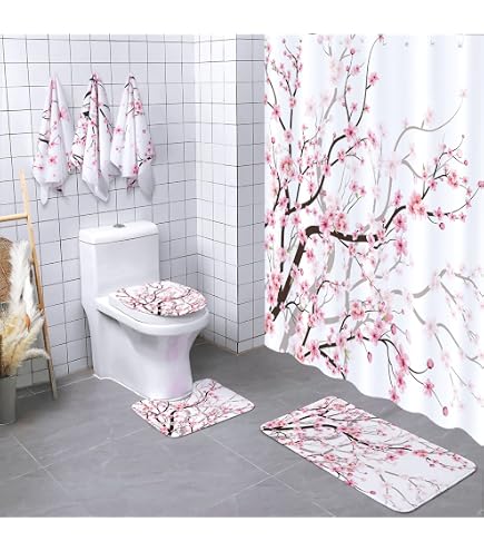 SOPIYRIO Duschvorhang-Set Mit Kirschblüten-Motiv – Inkl. Badematte, WC-Deckelbezug & 12 Haken, 183x183 Cm