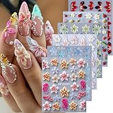 Flower Nail Art Stickers Decals 6 PCS 5D Embossed Hibiscus Decals for Nails Art Lily Hibiscus Starfish Jellyfish Daisy Bee Ladybugs Designs Summer Tropical Floral Nail Decoration for Women
