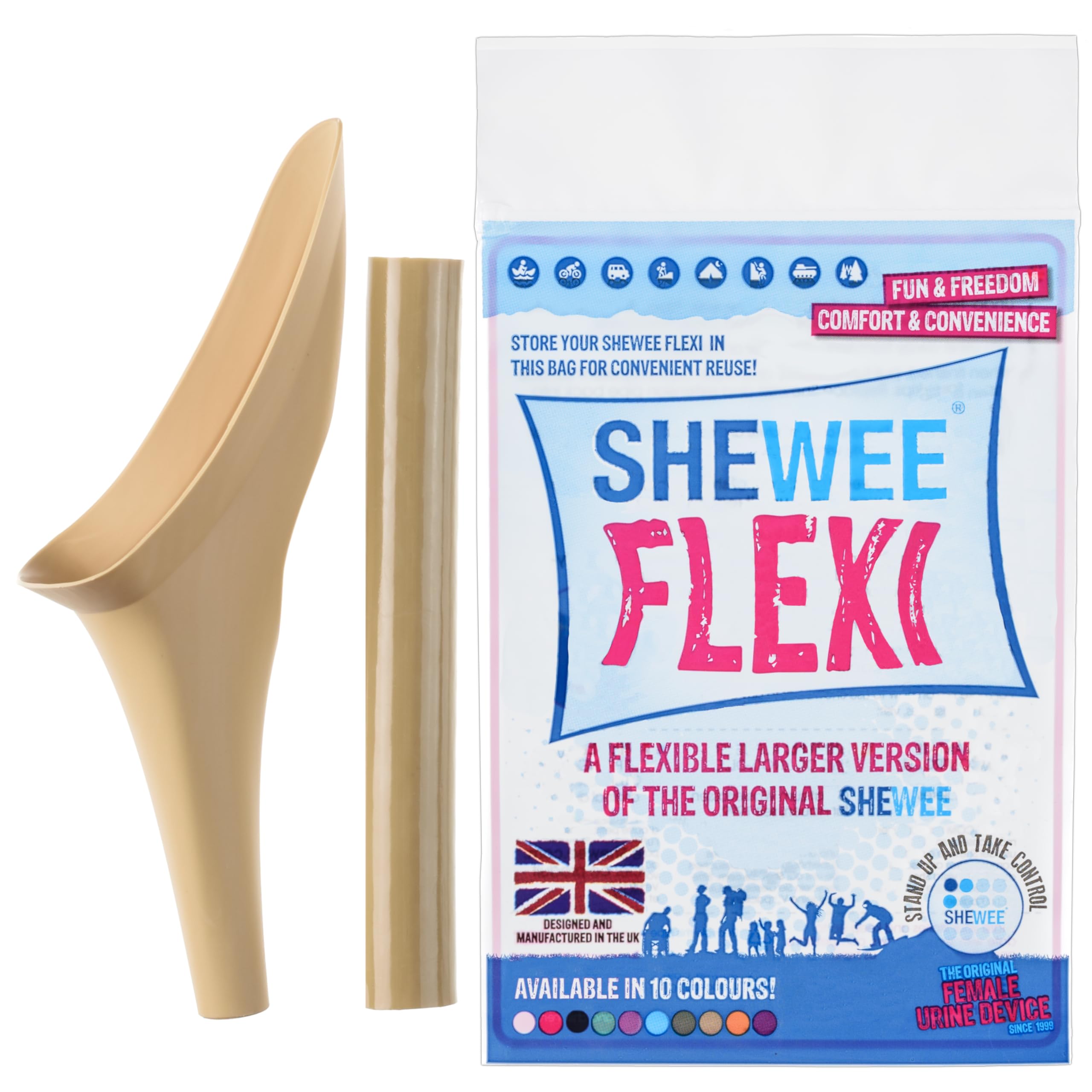 SHEWEE Flexi – The Original Female Urinal – Made in the UK – Reusable, Flexible & Portable Urination Device. Festival, Camping, Car, Hiking Essentials for Women. Stand to Pee Funnel – Desert Sand