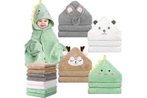 CandyHome 12 PCS Baby Bath Towels Set for Infants Toddlers, 4 PCS Animal Hooded Baby Towels & 8 PCS Washcloths Set, Ultra Absorbent Cute Soft Newborn Essentials Gift for Boys & Girls