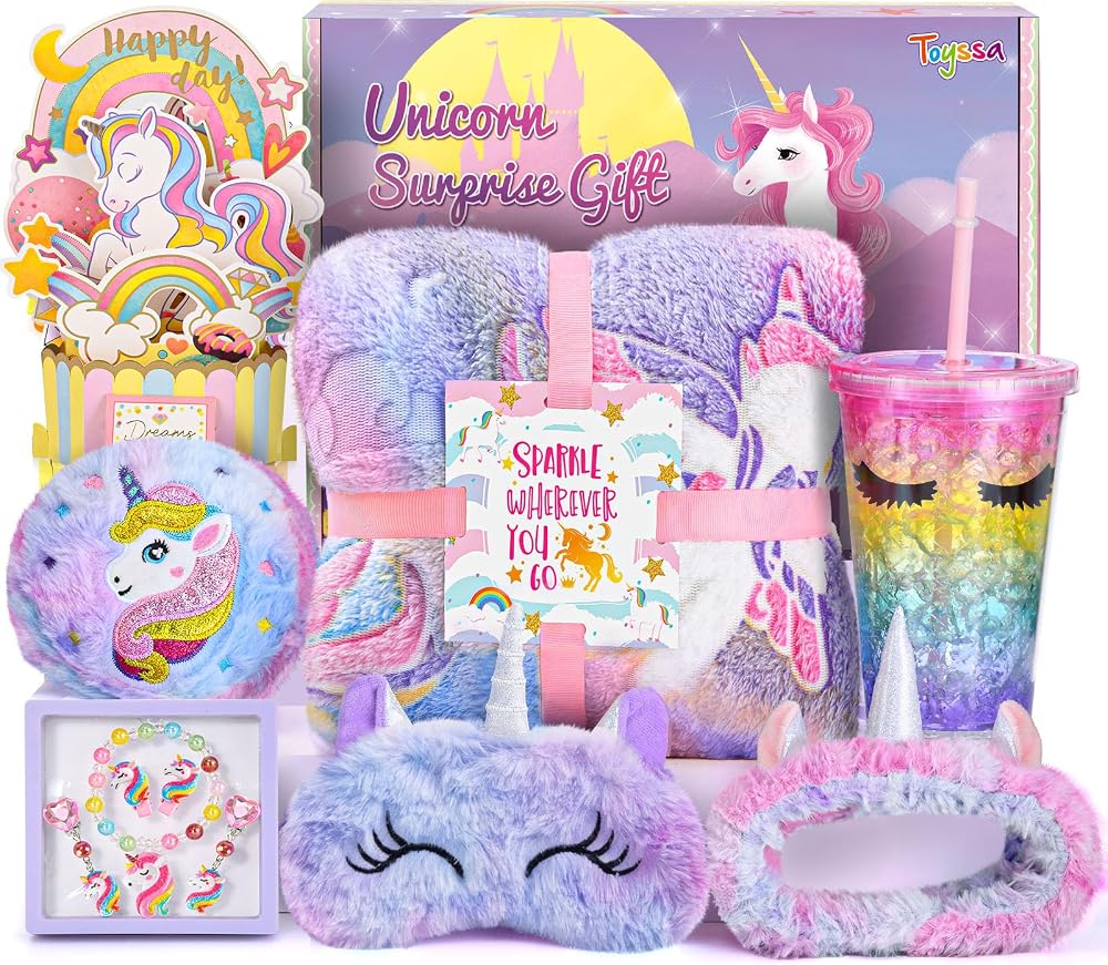 Toyssa Unicorn Gift Set for Girls 4-12 Years - Glow Blanket, Water Bottle,