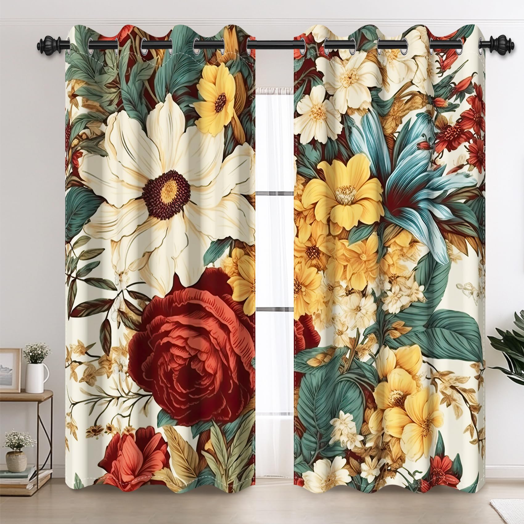 Photo 1 of AOFOTO Colorful Flowers Window Curtain Panels, Boho Beige Retro Floral Botanical Print with Green Leaves Bohemian Black Out Curtains for Bedroom Windows Kitchen Bathroom Decor 42x84 Inches, 2 Panels