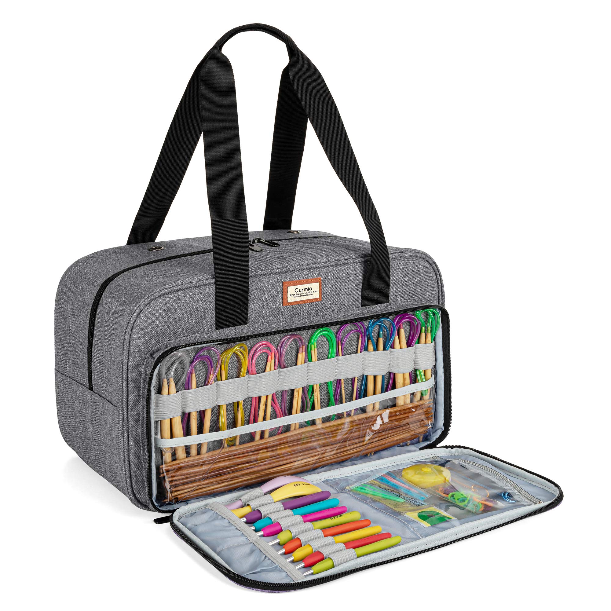 CURMIO Yarn Storage Bag, Knitting Tote Bag for Crochet Hooks, Knitting Project and Accessories, Ideal for Crochet Beginners and Knitting Lovers, Bag Only, Grey