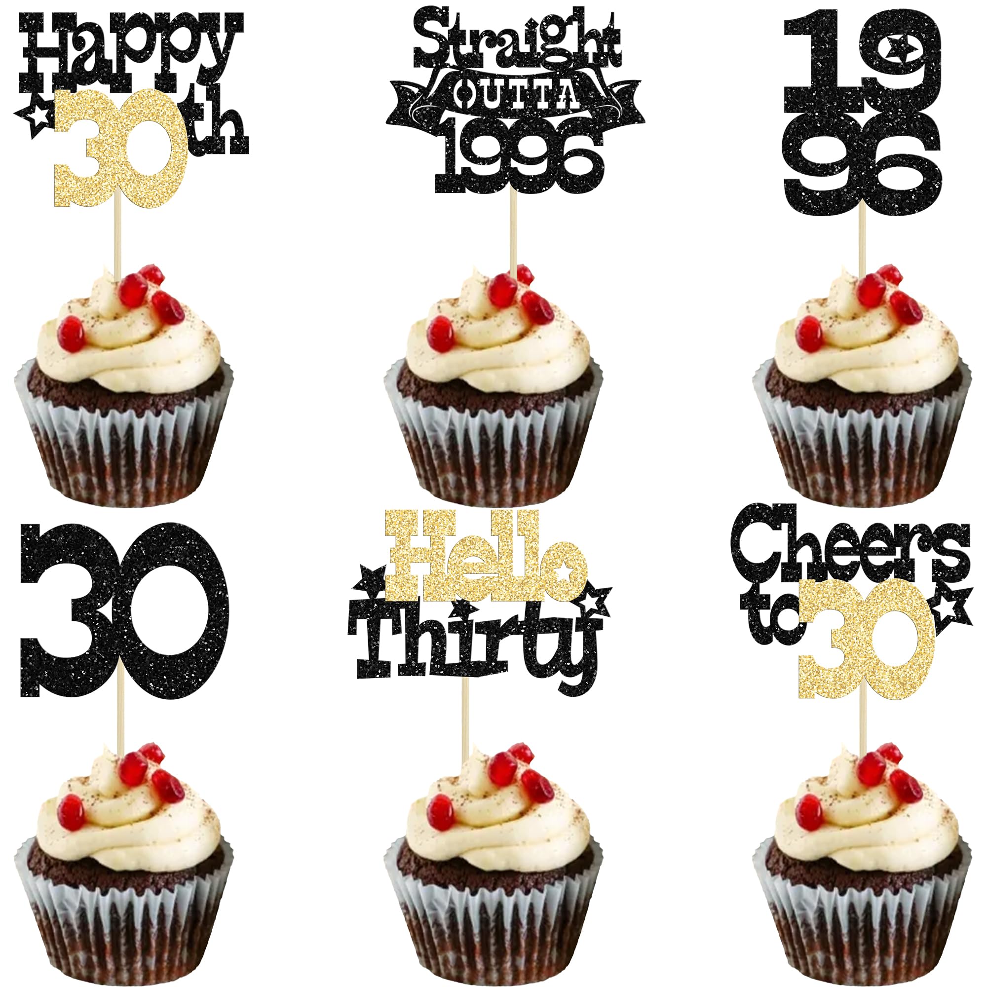 Ephlyn 30Pcs Straight Outta 1996 Cupcake Toppers Glitter Thirty Happy 30th Birthday Cupcake Picks Cheers to 30 Years Cake Decorations for Happy 30th Birthday Anniversary Party Supplies Black Gold