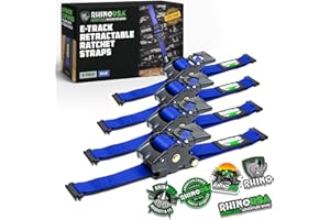 Rhino USA E Track Retractable Ratchet Tie Down Straps - 3033lb BreakStrength - Only for E Track Rail Systems. 4 Premium 2"x10' eTrack Tie Downs-Heavy Duty eTrack Cargo Strap System for Trailer - Blue