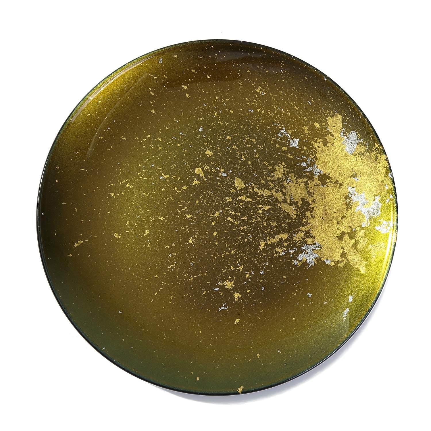 Syosaku Japanese Urushi Glass Flat Dinner Plate Φ11-inch Majestic Green with Gold Leaf, Dishwasher Safe — image 1