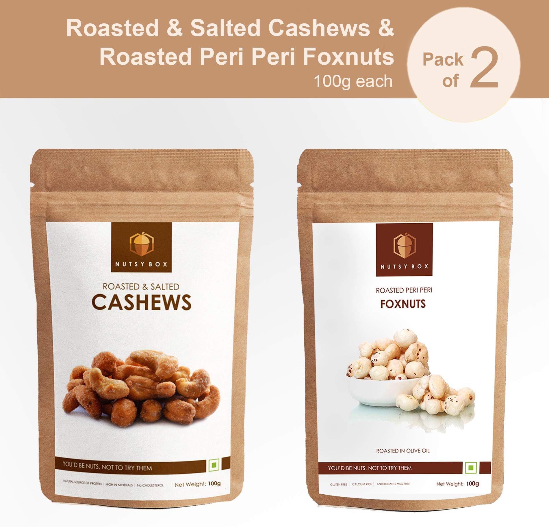Nutsy Box Gourmet Healthy Snacks Pack, Roasted & Salted Cashews and Peri-Peri Foxnuts Combo (100gm Each), 200gm