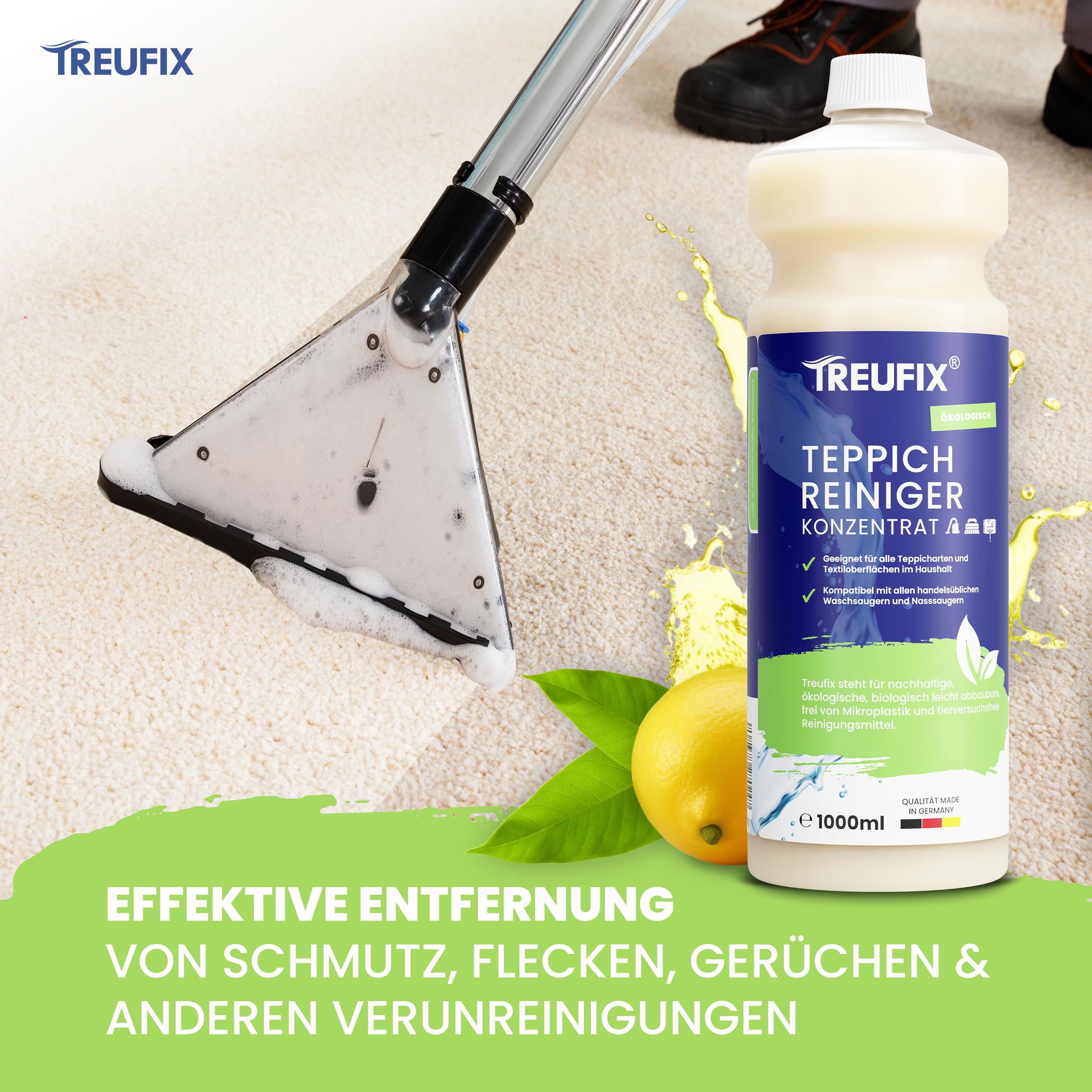 Treufix Teppichreiniger & Polsterreiniger Konzentrat für alle Teppichböden und Polster | Effektives Teppich Reinigungsmittel 1L | Geeignet für alle Waschsauger und Nasssauger | Made in DE 4