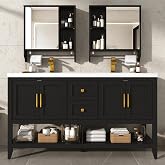 60 Inch Double Sink Bathroom Vanity Set with Faucet &amp; Mirror Cabinet, Black | Towel Bar, Storage Shelf, Drawers, Curved Wrapping Design, Double Sink, 2 Mirror Medicine Cabinets, 2 Faucets, Pop up Drain