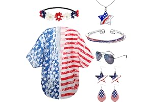 MEPASE 7 Pcs 4th of July Women's Outfits Accessories Costumes American Flag Kimono Cape Up Tops Shirt and Patriotic Headband USA Sunglasses Independence Day Bracelet Necklace Earrings Set, Red White Blue