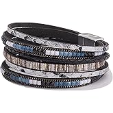 FANCY SHINY Boho Leather Wrap Bracelets Trendy Layered Bracelets with Magnetic Clasp Strackable Bohemian Jewelry Cowboy Cowgirl Chic Gifts for Women