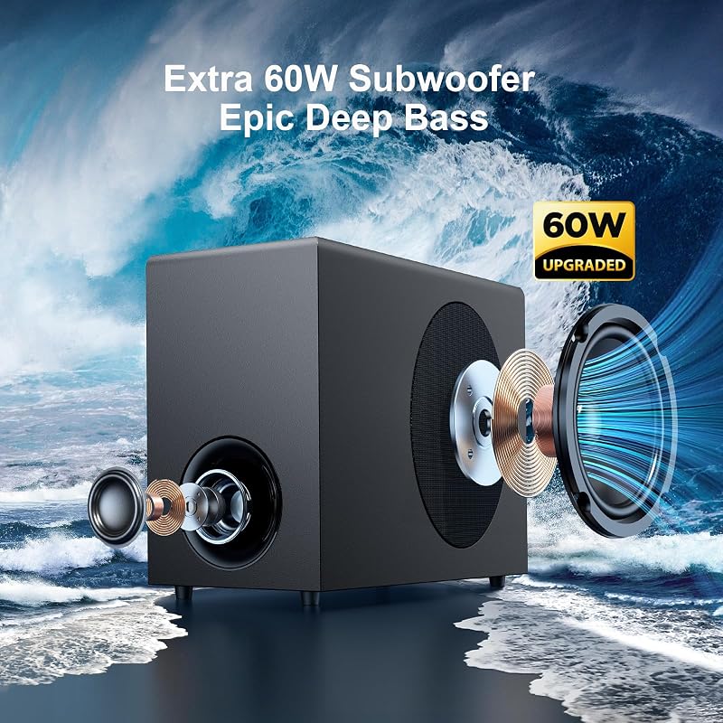 Soundbar mit Subwoofer, 110W Surround Sound System mit Deep Bass&Auto Volume Boost&3 EQ Modi, Bluetooth 5.3/ARC/Opt/AUX, Standlautsprecher für Fernseher/PC/Projector, 1 Set — Foto 5 von 8