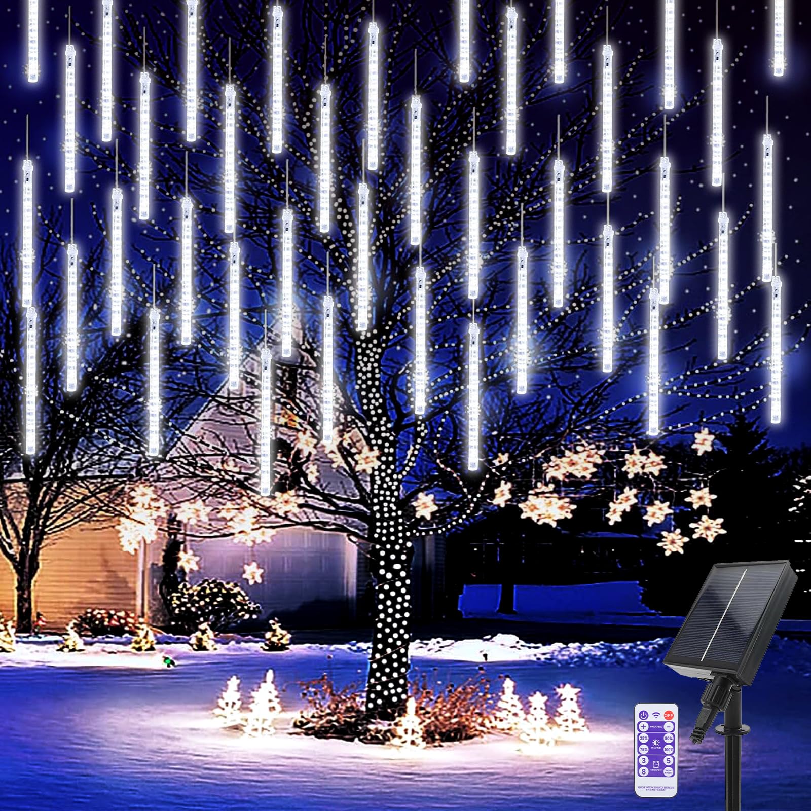 Micacorn Solar Meteor Shower Lights, 10 Tube 8 Modes 240 LED Christmas Lights with Remote Cascading Falling Rain Waterproof String for Party Wedding Tree Decorations, White