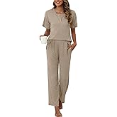 Ekouaer 2 Pack Womens Ribbed Knit Lounge Set Short Sleeve Loungewear Henly Neck Top and Pants Sleepwear Pajama with Pockets