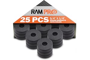 RAMPRO RAM-PRO 25-Piece Powerful Magnetic Round Ferrite Magnet Discs with ¼” Dia. Holes (3/4" x 1/4") – Universal Use on Frigidaire’s, Bulletin Boards & Arts-Crafts Projects, Etc.