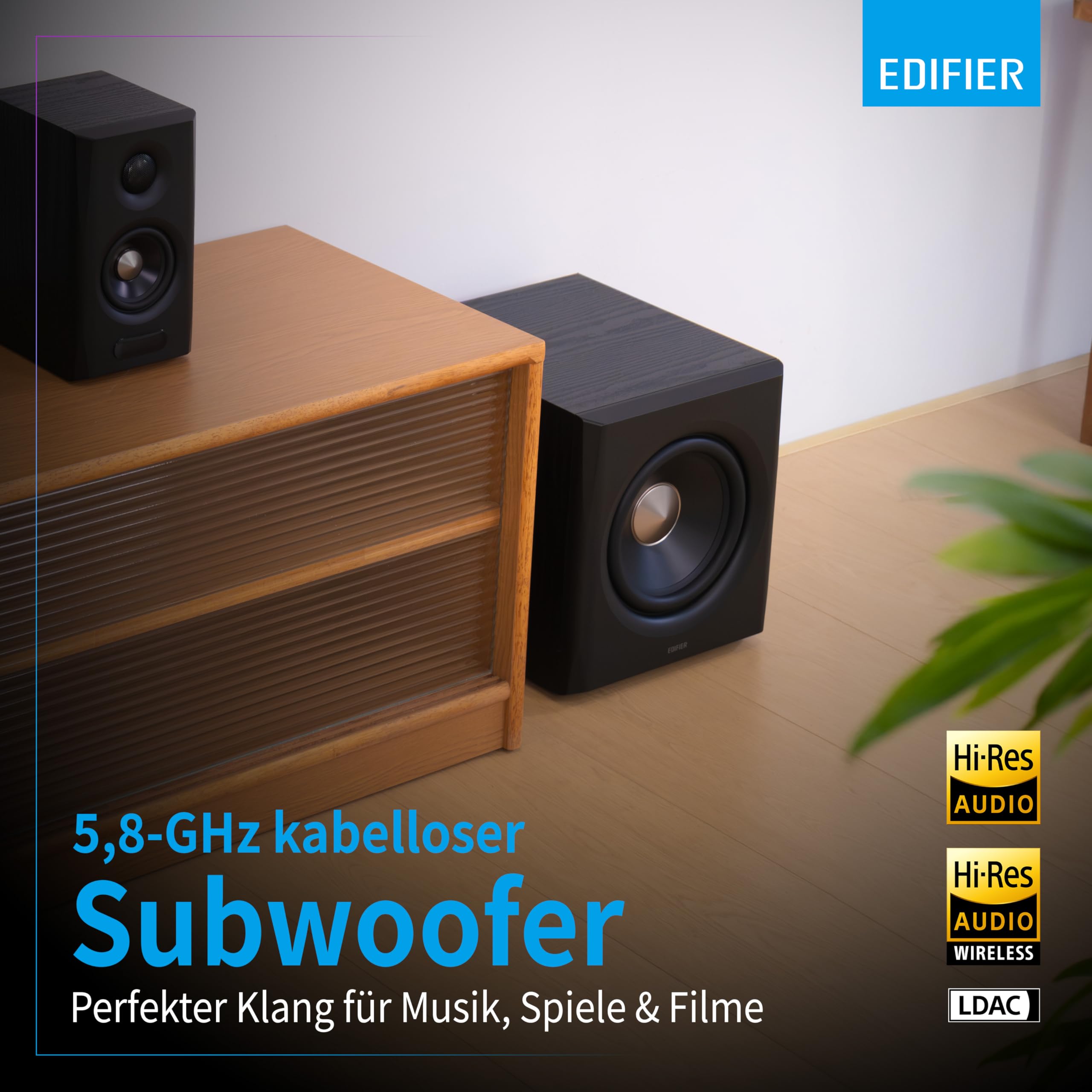 Edifier S355DB 2.1 Hi‑Res Lautsprechersystem – 150W RMS, 5.8GHz Wireless Subwoofer, HDMI eARC, LDAC Bluetooth 6.0, USB‑C, Optisch, Coaxial, Tri‑Amp DSP, Premium Design (Schwarz) 7