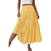 PRSFPN Women's Boho Maxi Skirt Floral Printed Smocked High Waist Long Skirts with Pockets Flowy Ruffle A-Line Summer Beach