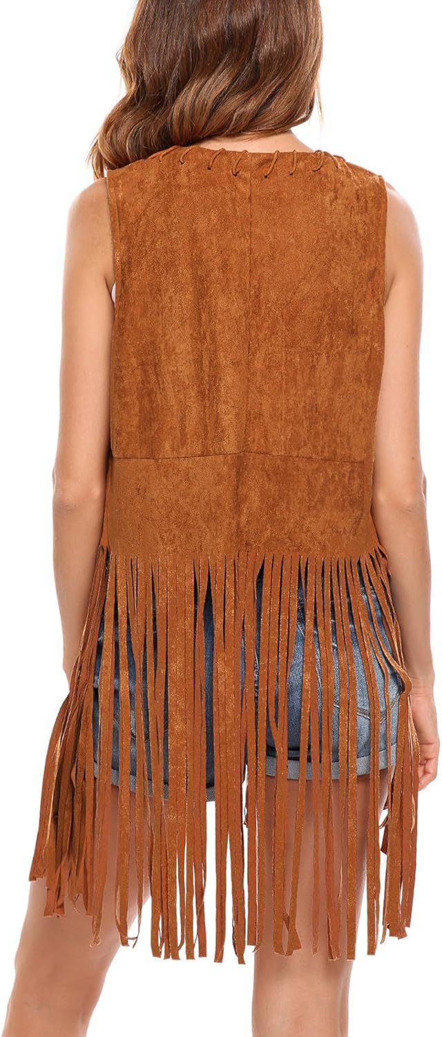 Hotouch Women Fringe Vest Faux Suede Tassels 70s Hippie Clothes Open-Front Sleeveless Vest Cardigan Female at  Women's Coats Shop