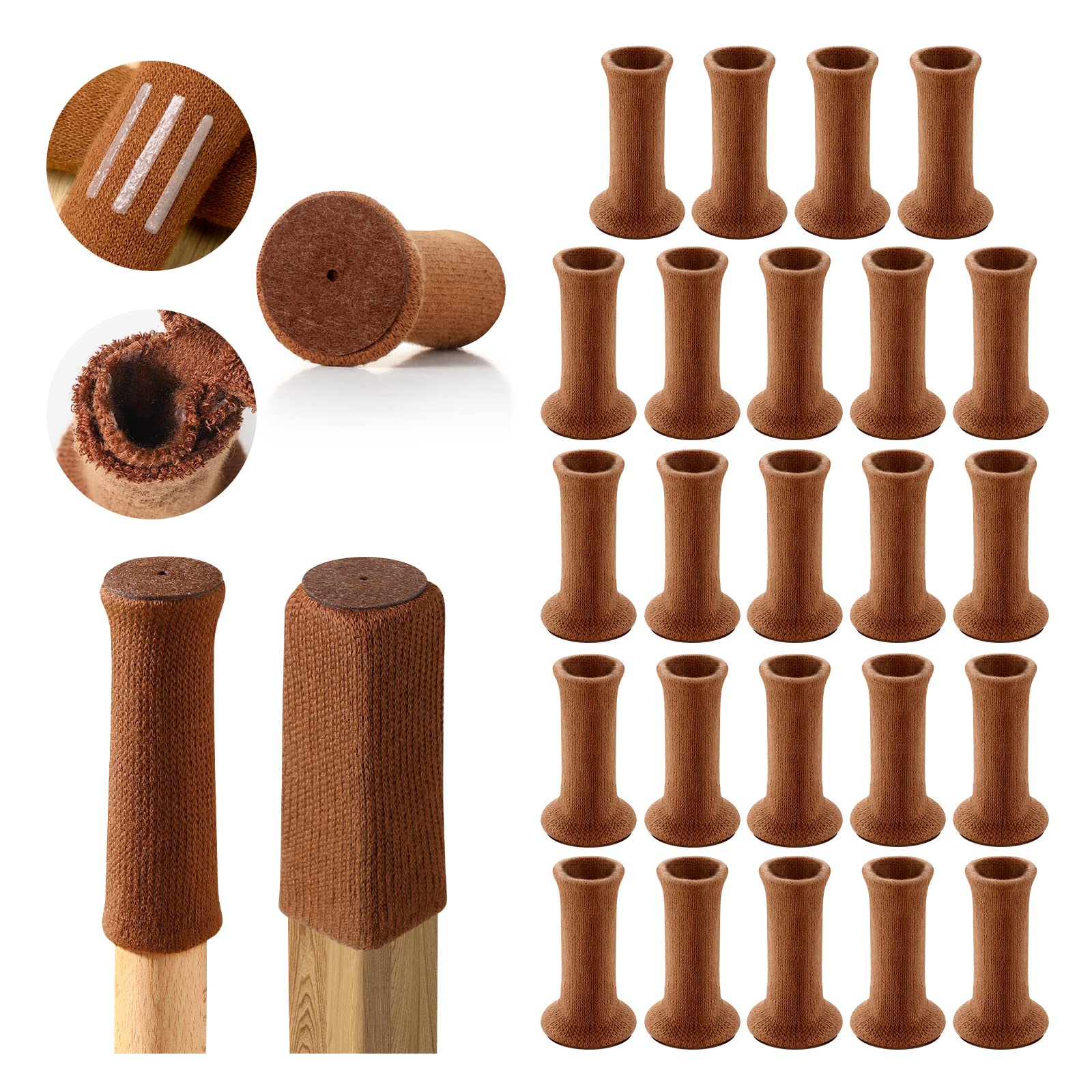 24 PCS Cotton Chair Socks, High Elastic Chair Leg Floor Protectors with Felt Pads, Chair Leg Caps for Preventing Noise and Scratches, Fits 1-2" Diameter Tables-Brown