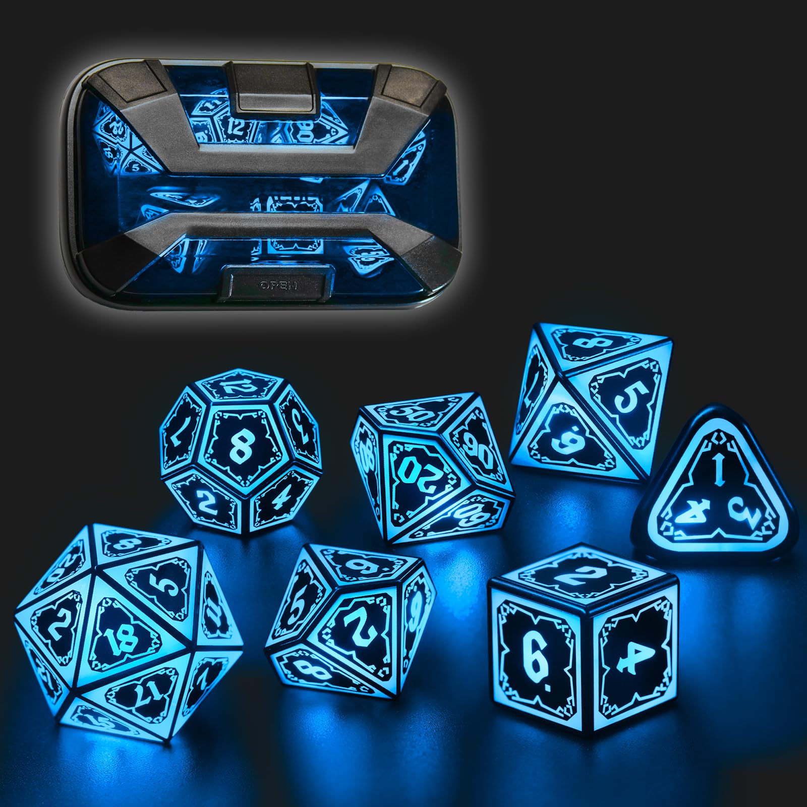 FONVGOGO Light up DND Dice Set Rechargeable,Cool LED D and D Dice 7pcs with Charging Box Polyhedral Dungeons and Dragons RPG Dice Set for Role Playing Table Game (Astral Shard Blue)