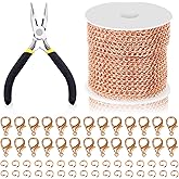 Swpeet 102Pcs Rose Gold 3mm by 10 Yard Length Jewelry Making Chains Kit with Jump Rings, Lobster Clasps and Jewelry Plier, Necklace Chains Flat Cable Link Chain Bulk Ideal for DIY Craft Jewel Making