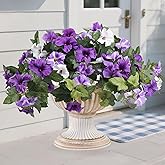 Lcuasc 2pcs Outdoor Artificial Fake Flowers Plants UV Resistant Faux Petunias Flowers Realistic Silk Floral for Outside Garden Balcony Yard Porch Indoor Home Decor (Purple White)
