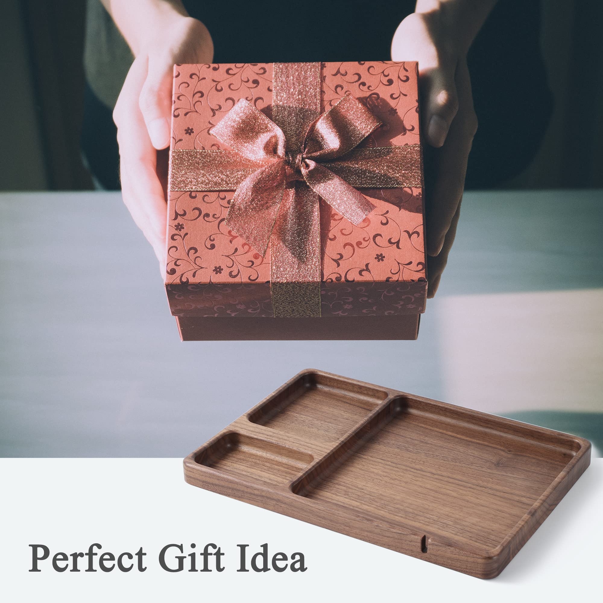 Walnut Wooden Valet Tray – Bedside Table Organizer for Men Dad, EDC Catch All Tray with Cable Slot (11.4 x 7.9 x 0.8 Inch)