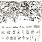 Pandahall 100Pcs School Teacher Charms Pencil Compasses Book Ruler Antique Silver Alloy Pendants Teachers' Day Pendant for Earring Bracelet Necklace Keychain DIY Making