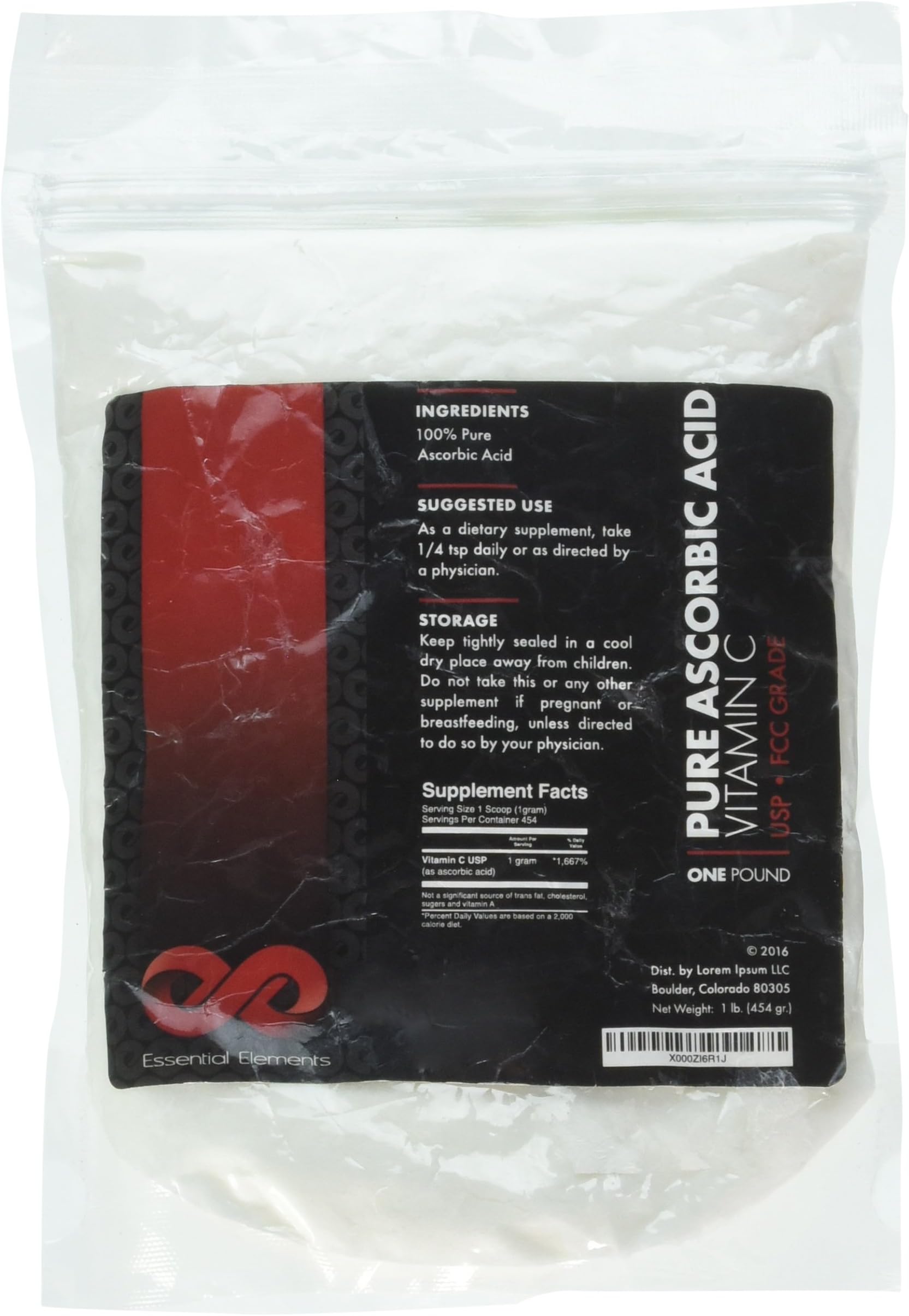 Ascorbic Acid Vitamin C Powder - 1 LB Ultra Fine Crystals, Immune System Booster, Antioxidant Support, Collagen Promotion. For use in serums, capsules, creams, lotions etc. Essential Elements Brand