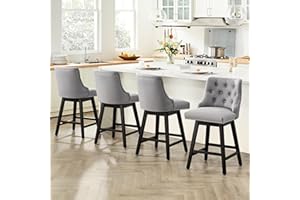 Busaurus Swivel Counter Height Bar Stools, 26 inch 360° Swivel Bar Stools with Backs, Upholstered Counter Stools for Kitchen & Dining Room, Set of 4, Solid Wood Legs, Grey