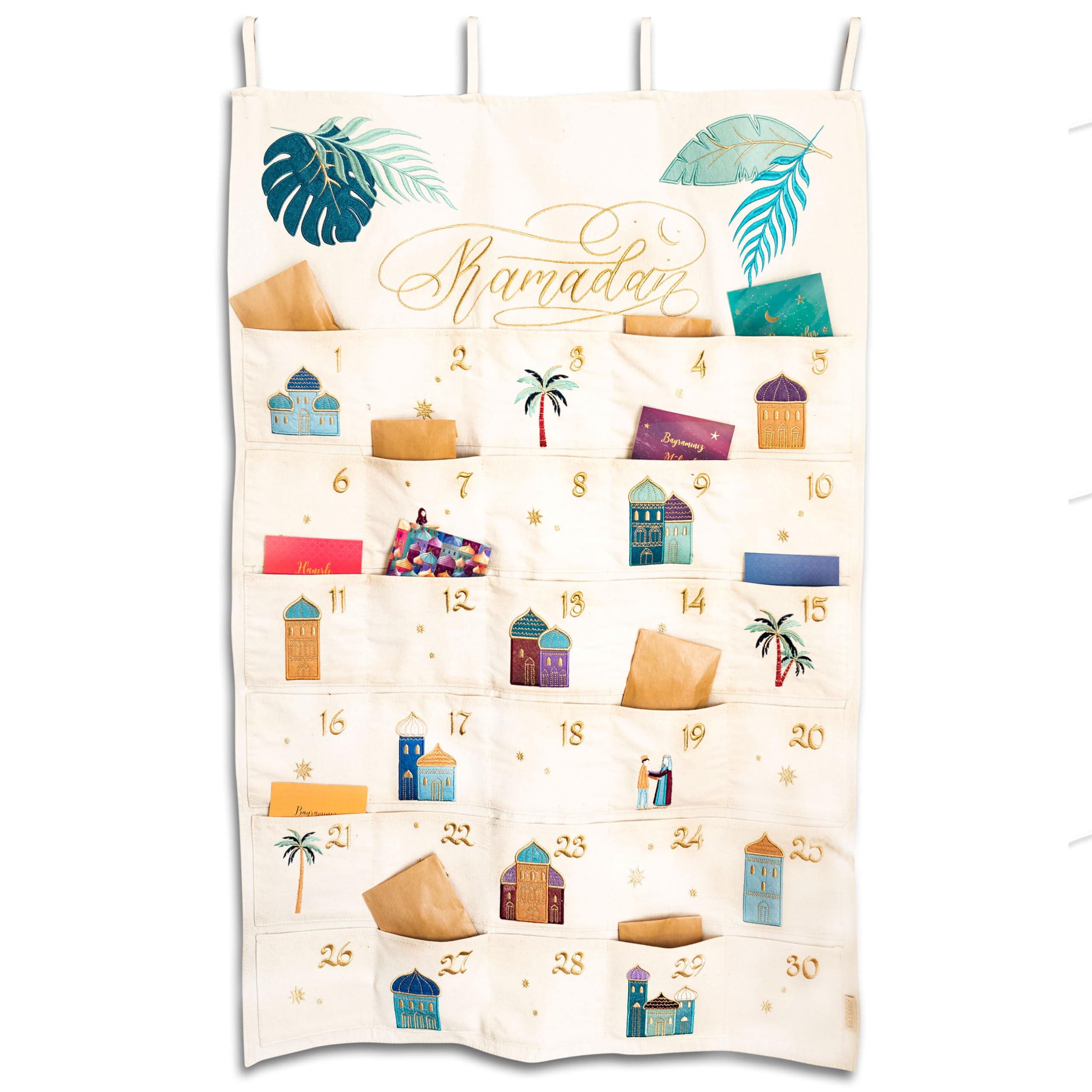Papierdrachen Ramadan Calendar as a Wall Calendar Made of Fabric for Filling - Colourful - High-Quality Embroidered - Fabric Bag - Cotton - Reusable - Set of 5
