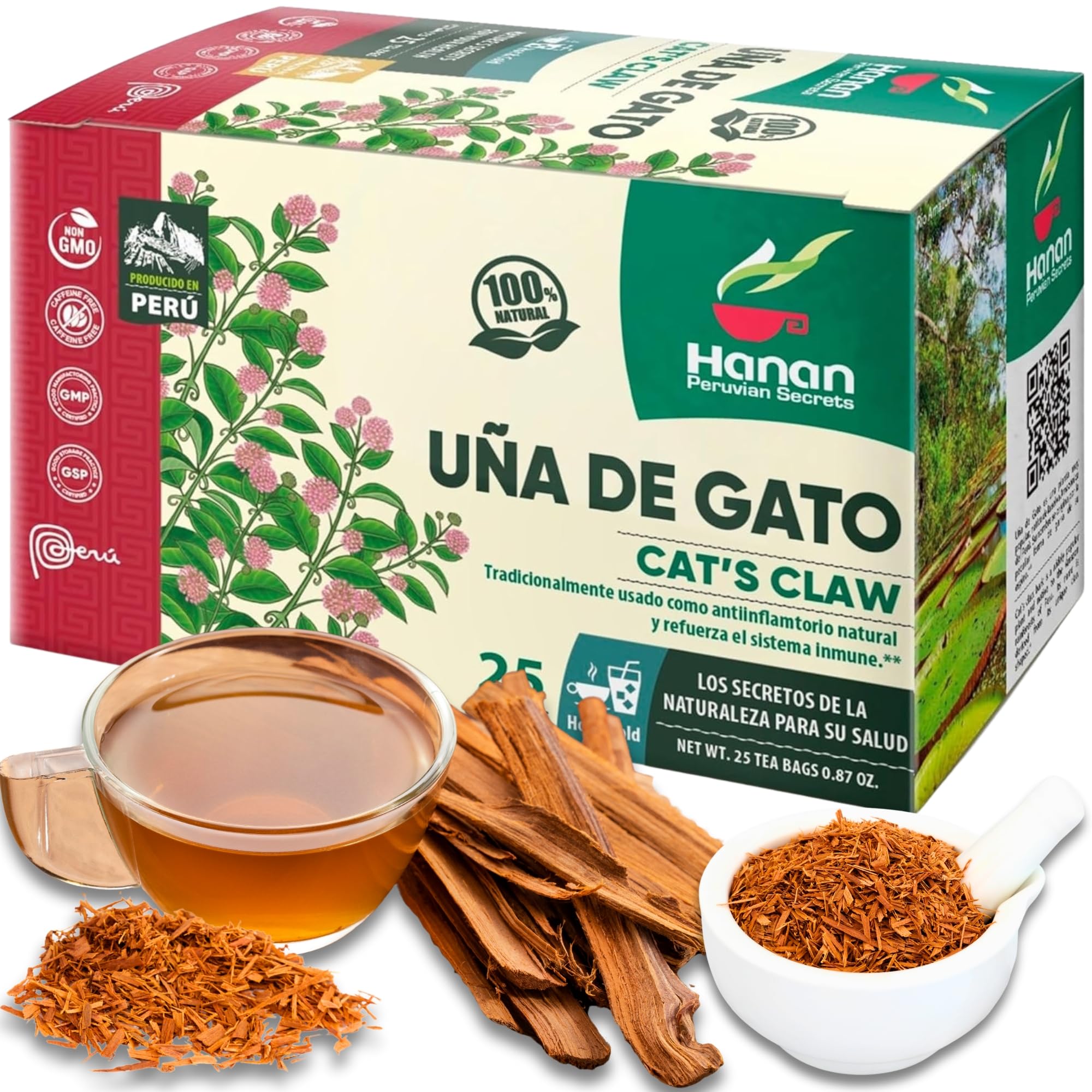 Hanan Cat's Claw Tea - 25 Teabags - Each teabag contains 1000mg of Cats Claw bark grown in Peru "Uña de Gato" - Anti-Inflammatory Cat Claw