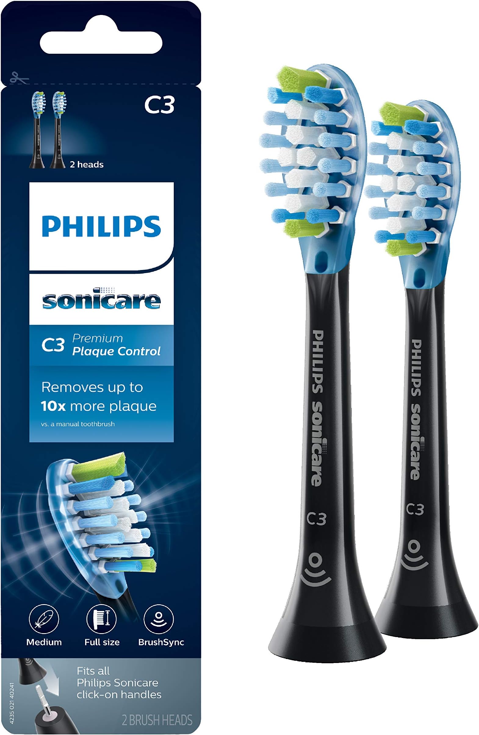 Genuine Philips Sonicare C3 Premium Plaque Control Toothbrush Head, HX9042/95#, 2-pk, Black