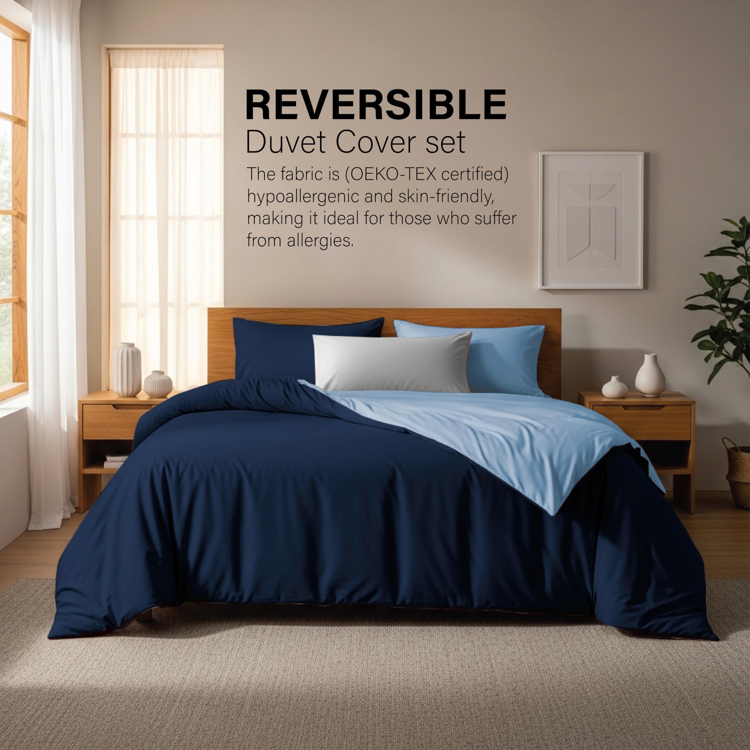 Home In Style 4U Single Duvet Cover Sets-Soft Microfiber Polyester Plain Dyed Reversible Duvet Sets with Pillow cases - Bedding Quilt Cover Set (Dark & Light Blue)